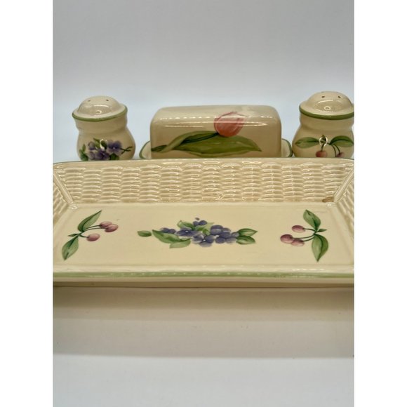 Pfatlzgraff "Garden Party" Serving Tray w/Matching Salt & Pepper, Butter Dish - Picture 2 of 8